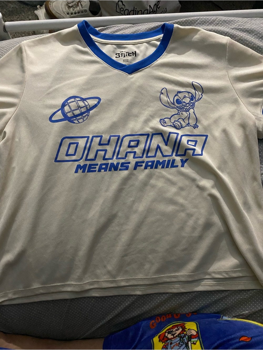 Disney Cream Tee with Blue Stitch 'Ohana Means Family' Graphic